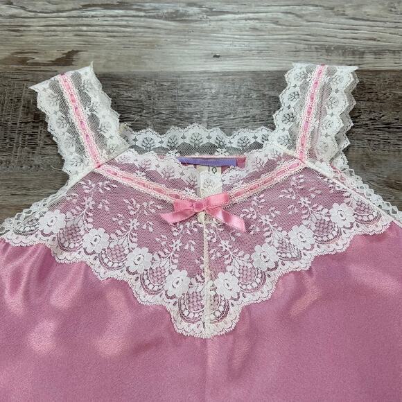 Vintage Pink Lace Trim Satin Camisole Tank Union Made in USA Coquette M - Picture 2 of 5